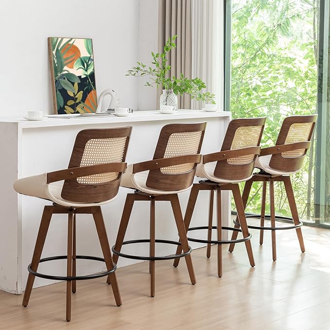 Set of 2 Mid Century Modern Counter Stools - 26.4 inch Rattan Swivel Counter Stools with Cane Back, Upholstered Faux Leather, Walnut Craftsmanship, Ideal for Island/Pub/Kitchen(26" Seat Height, Beige)