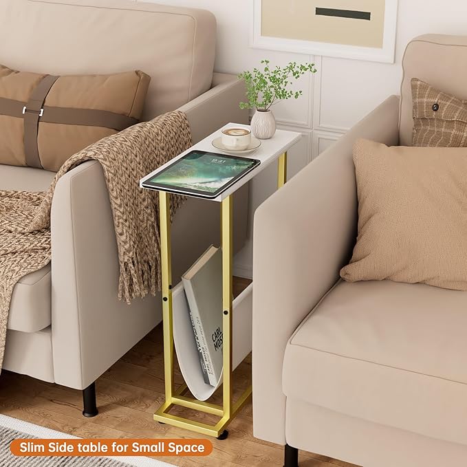 Narrow Side Table with PU Leather Magazine Holder Modern Slim Little Thin Table for Living Room, Bedroom, Sofa, White