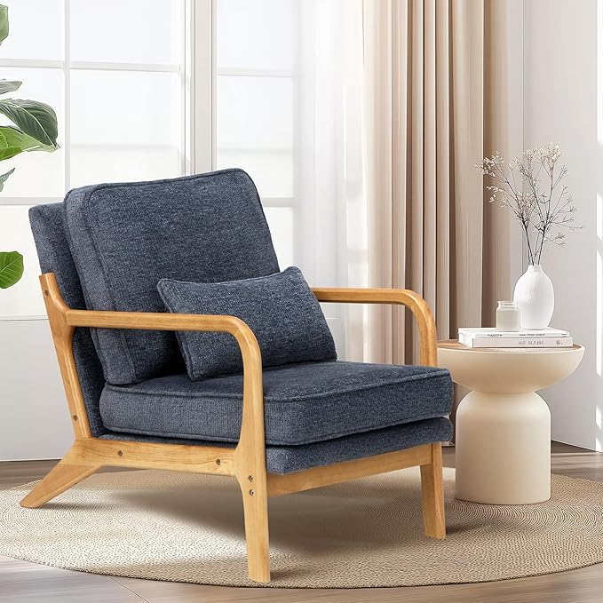 Modern Accent Chair Set of 2 with Lumbar Pillow, Relaxing Mid Century Chair Armchair with Solid Wood Frame & Soft Cushion, Reading Leisure Armchair for Living Room, Blue