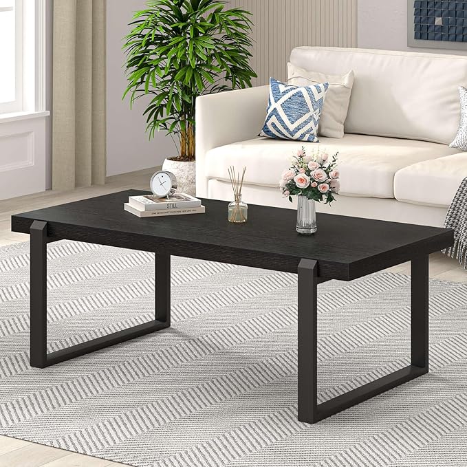 EXCEFUR Modern Black Coffee Table, Industrial Wooden and Metal Center Table for Living Room, Rectangle Cocktail Tea Table, Black Oak, 44 Inch