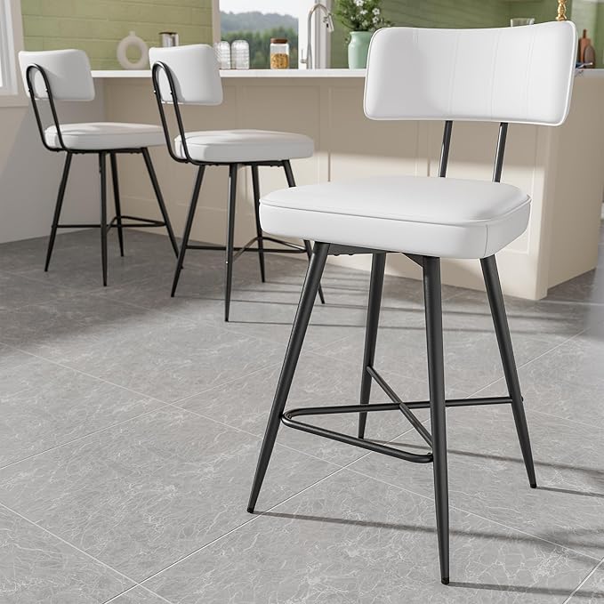 Swivel Counter Height Bar Stools Set of 3, 26 inch White Leather Kitchen Swivel Counter Stools with Backs, Metal Legs and Footrest, Bar Chairs for Kitchen Island