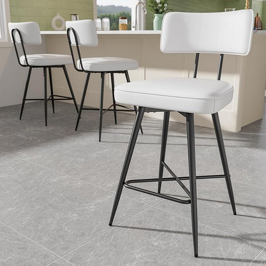 Swivel Counter Height Bar Stools Set of 3, 26 inch White Leather Kitchen Swivel Counter Stools with Backs, Metal Legs and Footrest, Bar Chairs for Kitchen Island
