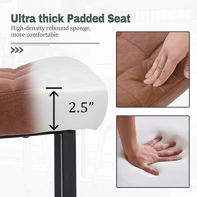 Modern Bar Stools Set of 4 for Kitchen Counter 24 inch Counter Height Backless Barstools with Upholstered Faux Leather Saddle Seat and Metal Frame Industrial Bar Chairs, Brown