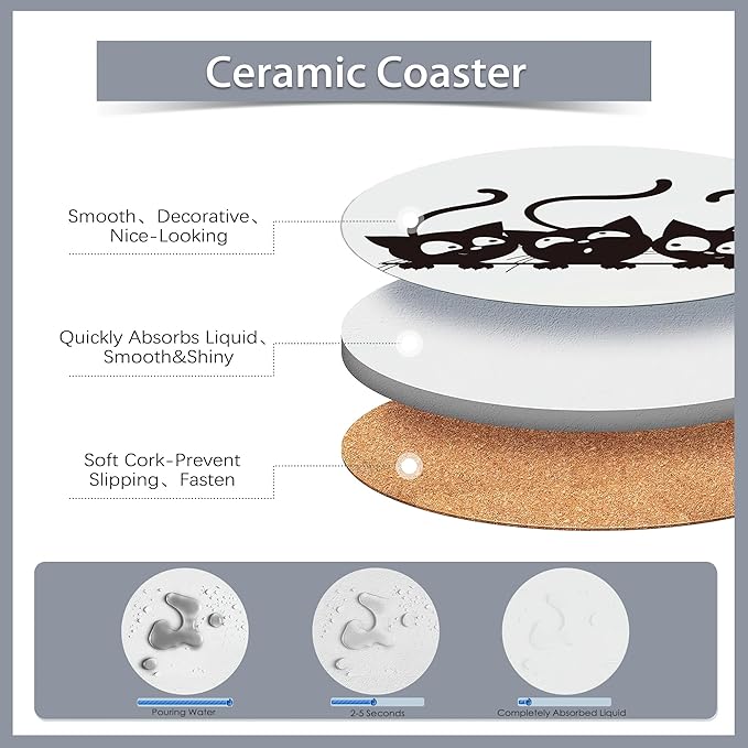 Drink Coasters Set of 6 with Holder,Cute Black Cat Absorbent Ceramic Coasters with Cork Base,Fit All Cups,Tabletop Protection Mat for Mugs and Cups,Office,Kitchen