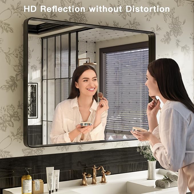 ISKM Black Bathroom Mirror for Wall 48" x 32" Matte Black Framed Vanity Mirror Anti-Rust Tempered Glass Hangs Horizontal or Vertical
