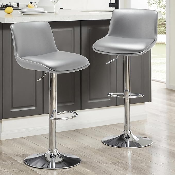 MINCETA Bar Stools,Modern Upholstered Swivel Stool with Back for Bar and Counter Height, Adjustable Height 24" to 34",Set of 2,PU in Sliver