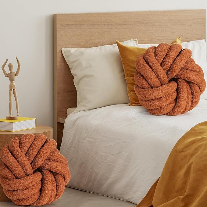 2 Pieces Knot Ball Pillows 14 x 14 Inch Decorative Pillow for Couch Bedroom Plush Throw Knot Pillow Soft Handmade Chair Cushion for Living Room Car Decorations (Caramel)