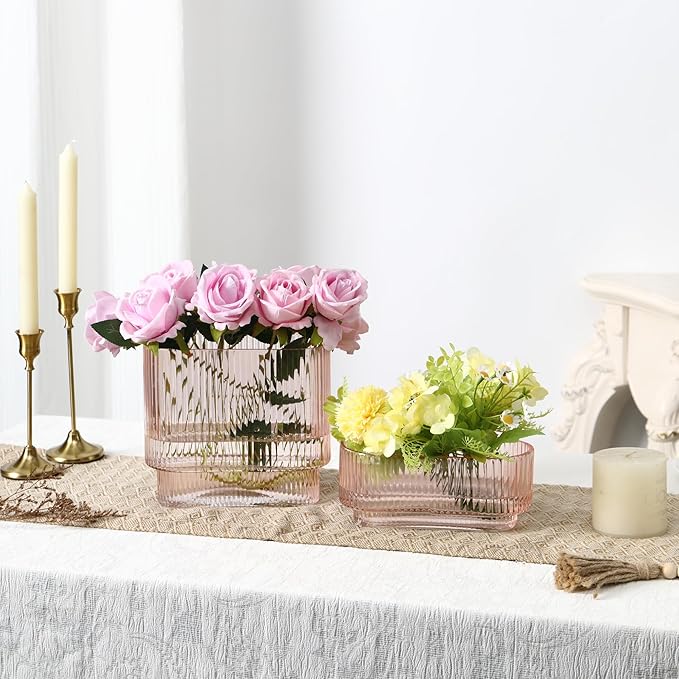 Short Glass Vases, Set of 2 Pink Glass Vases for Tulips, Ribbed Vase for Flowers, Modern Small Vase for Living Room, Dining Room, Bathroom, Desk, Shelf, Wedding, Office