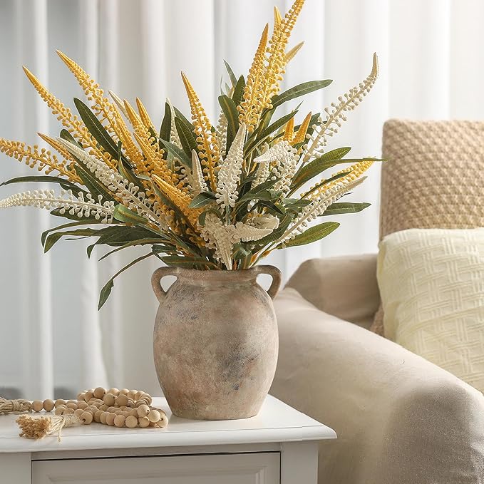 Ceramic Flower Vase 7.6 inch Farmhouse Rustic Vase Decorative Pottery Terracotta Vases for Home Decor Table Mantle Fireplace Living Room Bathroom Wedding Centerpiece (Whitewashed)