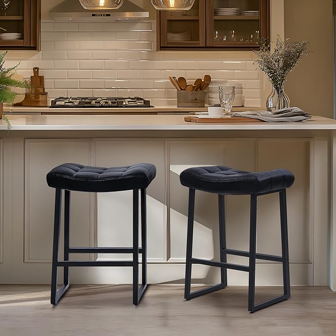 Black Modern Bar Stools Set of 3 for Kitchen Counter 24 inch Counter Height Backless Barstools with Upholstered Faux Leather Saddle Seat and Metal Frame Industrial Bar Chairs