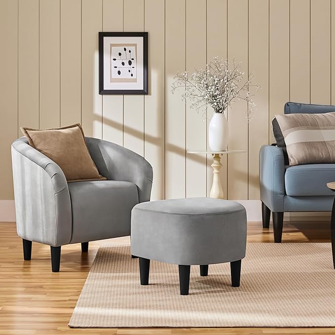 Yaheetech Accent Chair with Ottoman Set, Modern Upholstered Soft Barrel Chair with Footstool, Comfy Fabric Armchair and Footrest for Living Room/Bedroom/Reading Room/Guestroom, Gray