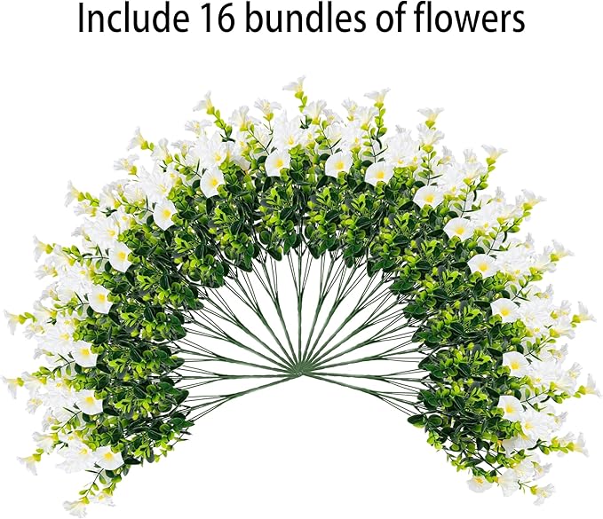 Artificial Outdoor Flowers 16 Bundles Fake Morning Glory Flower Outdoor UV Resistant Plastic Faux Flowers Plants for Decoration Indoor Outdoor Hanging Window Box Planter Home Porch Decor (White)
