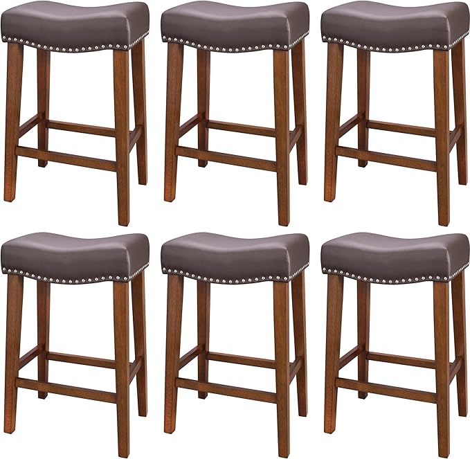 PrimeZone Counter Height Bar Stools Set of 6 - Backless Saddle Barstools with 4.3" Thick Upholstered, Nailhead Trim Faux Leather & Solid Wood Legs, 26 Inch Counter Stools for Kitchen Island, Brown