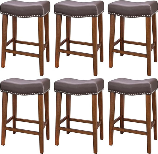 PrimeZone Counter Height Bar Stools Set of 6 - Backless Saddle Barstools with 4.3" Thick Upholstered, Nailhead Trim Faux Leather & Solid Wood Legs, 26 Inch Counter Stools for Kitchen Island, Brown