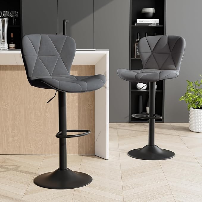 Bar Stools Set of 2, Adjustable Swivel Barstools,Counter Height Barstools with Backs Faux Leather Kitchen Island Bar Chair,Dark Grey