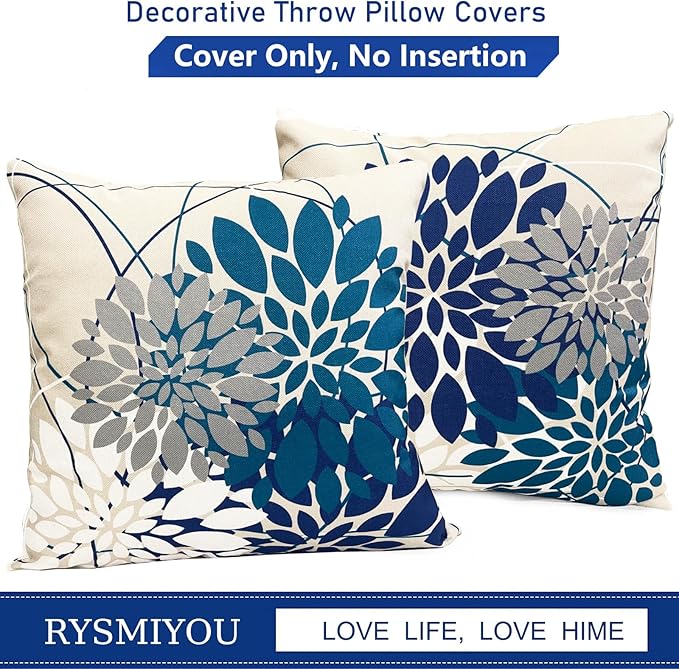 Blue Decorative Throw Pillow Covers 18x18 Inch Pillow Covers for Couch Living Room Bedroom Car Outdoor.Modern Sofa Throw Pillow Cover.Farmhouse Geometric Floral Linen Square Pillow Case.Set of 2