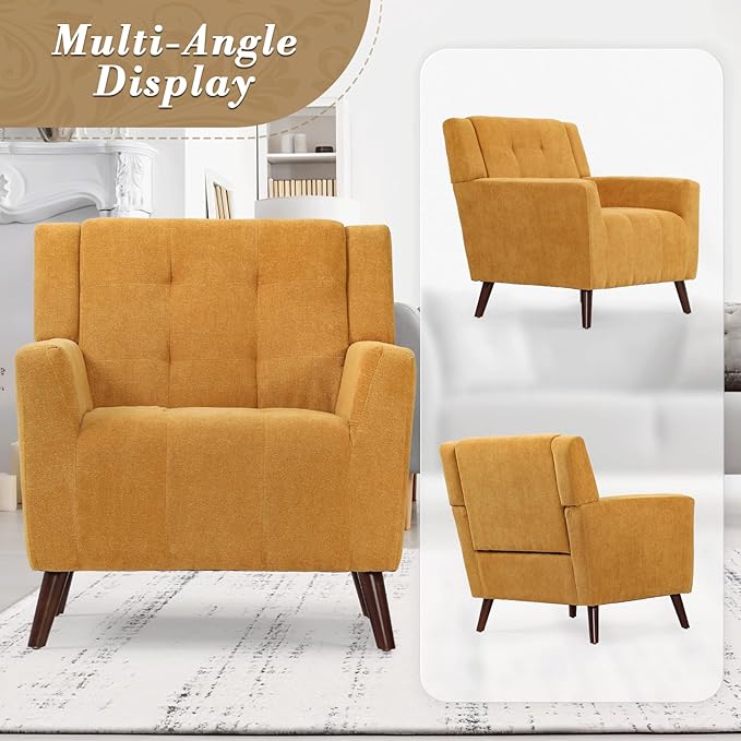 Athena Collection Wingback Accent Chair for Living Room, Comfy Linen Fabric Upholstered Reading Chair for Adults, Single Sofa Armchair for Bedroom, Dorm, Balcony, Yellow