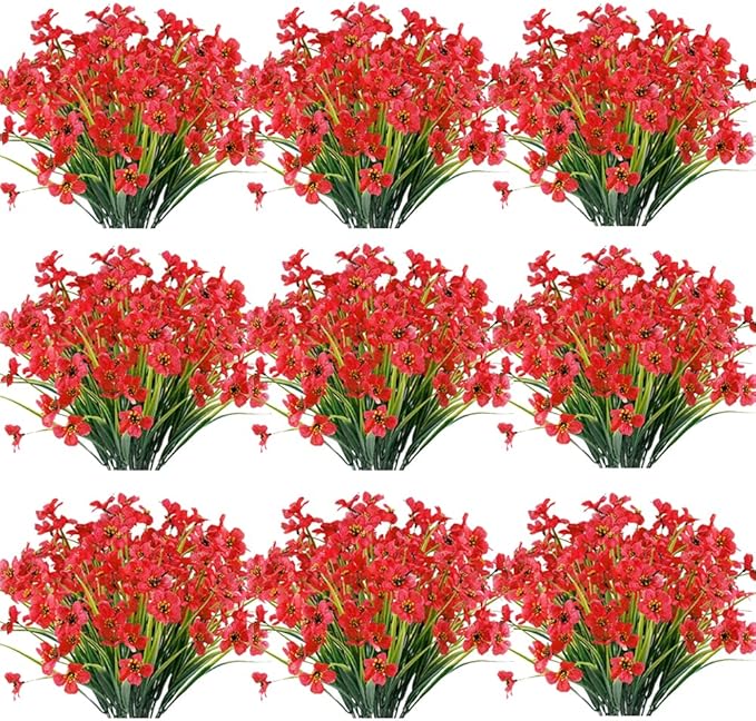 30 Bundles Artificial Flowers Outdoor UV Resistant Fake Flowers No Fade Faux Plastic Plants Garden Porch Window Box Decorating(Deep Red)