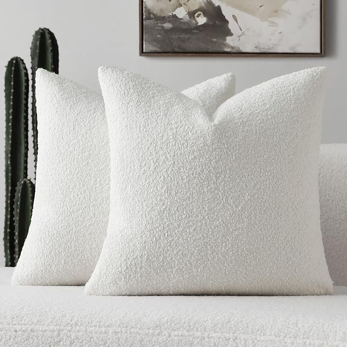 FUTEI Pack of 2 White Decorative Throw Pillow Covers 16x16 Inch Soft Cozy Solid Boucle Textured Cushion Case,Modern Home Decor for Couch Bed Living Room