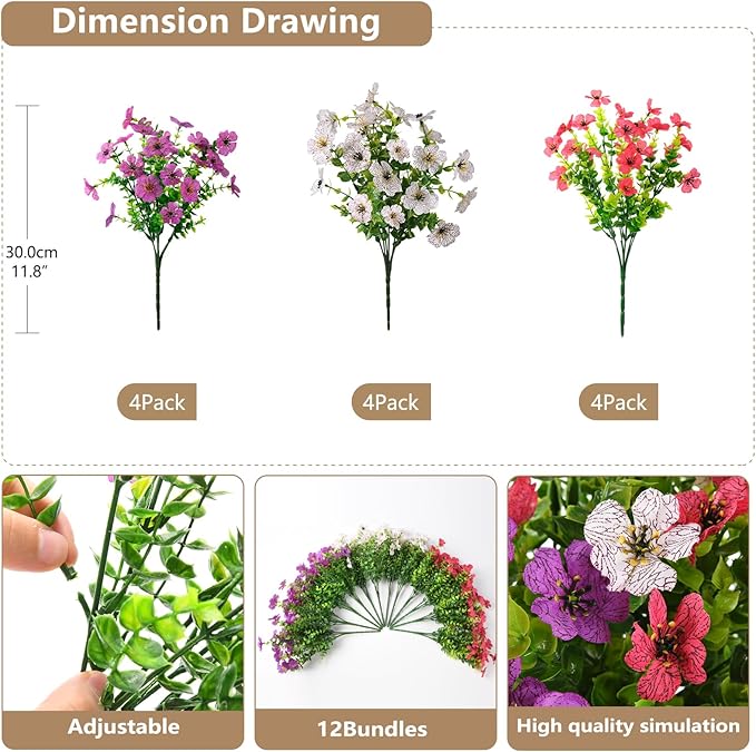 Artificial Flowers Faux Plants Outdoor Fake Flowers Spring Decor,12 Bundles Realistic Plastic Plant Colorful Daisy UV Resistant for Porch Patio Home Yard Garden Window Box Pot Planters