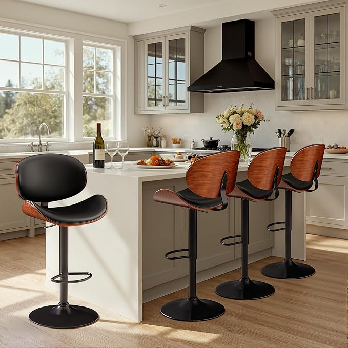 Bar Stools Set of 2 Adjustable Swivel Bentwood Barstools PU Leather Modern Bar Chairs with Back & Footrest for Bar, Kitchen Island, Dining Room (Black, Set of 2)