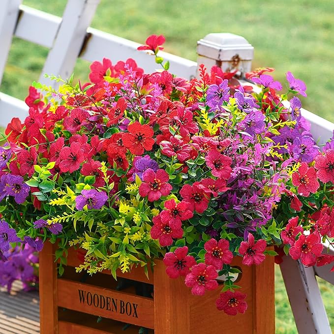 SHareconn 48 Bundles Artificial Flowers for Outdoors Decoration, Faux Plants Fake Silk Colorful Daisy Eucalyptus Lavender, UV Resistant for Outside Home Porch Patio Indoor Spring Decor, Mix 3 Colors