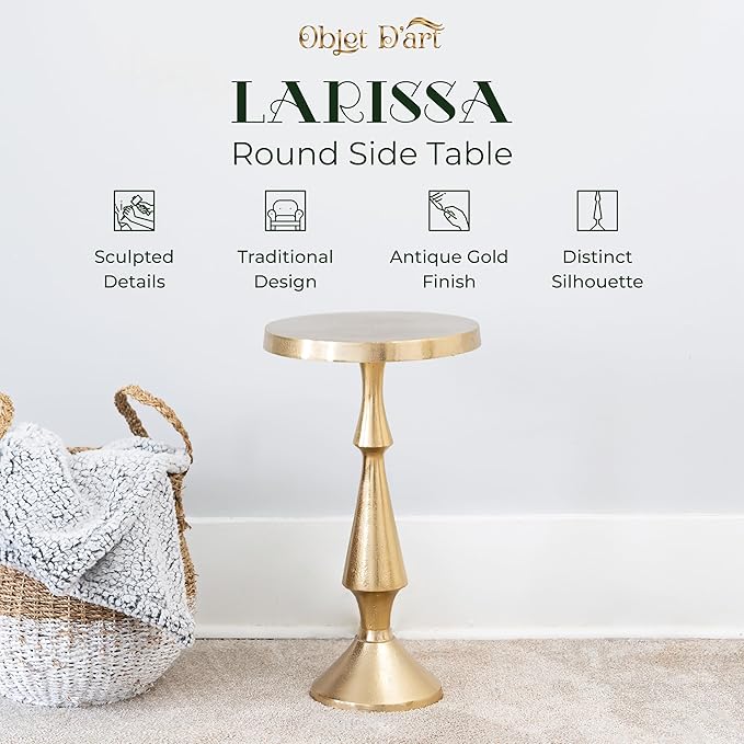 OBJET D'ART Small Round Gold End Tables, Larissa, 21'' Height, Vintage Metal Accent, Side, Pedestal, Coctail and Drink Tables for Living Room and Small Spaces