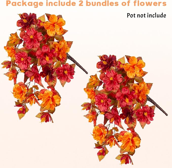Fake Fall Flowers Artificial for Outdoors Decoration 2PCS Faux Orange Flowers for Outdoor Planters Outside Hibiscus Flower Fall Décor for Home Front Porch Yard Patio