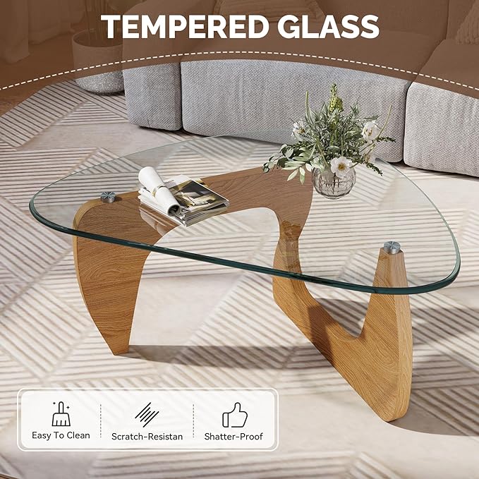 Modern Glass Coffee Table, Triangle Center Table with Tempered Glass Top& Unique Wooden Base, 31.5” Mid Century Tea Tables for Living Room, Apartment, Office,Wood &Transparent