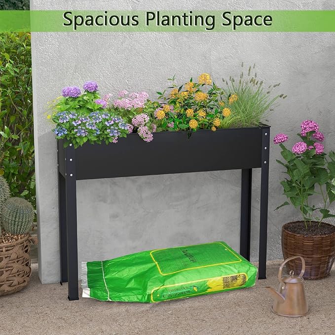 HAPPYGRILL Raised Garden Bed, 31.5” Elevated Planter Box w/Legs, Drainage Hole, Hemming Design, Metal Garden Box for Vegetable Herb, Outdoor Raised Beds for Gardening, Backyard Porch Balcony, Black