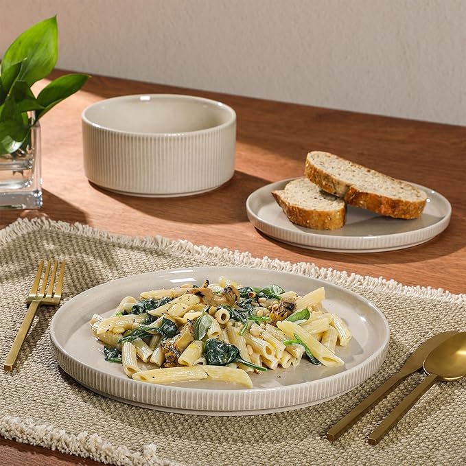 Gibson Elite Solana Coast 12 Piece Stoneware Reactive Glaze (Service for 4) Ceramic Plates and Bowls Modern Shape Embossed Dinnerware Set - Cream White