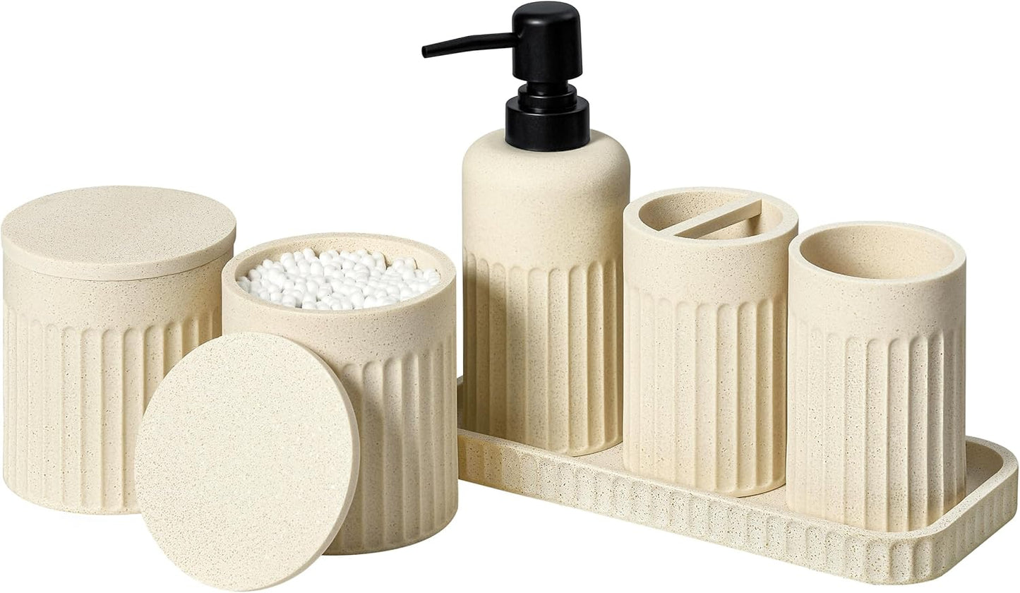 Bathroom Accessory Set - 6 Pieces Bathroom Accessories Set Complete with Soap Dispenser, Toothbrush Holder, Tumbler, Vanity Tray and 2 Qtip Holder for Home Organizer and Decor, Beige