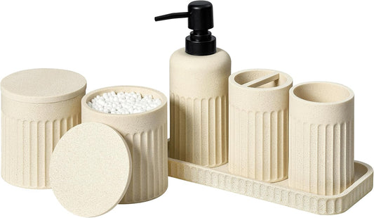 Bathroom Accessory Set - 6 Pieces Bathroom Accessories Set Complete with Soap Dispenser, Toothbrush Holder, Tumbler, Vanity Tray and 2 Qtip Holder for Home Organizer and Decor, Beige