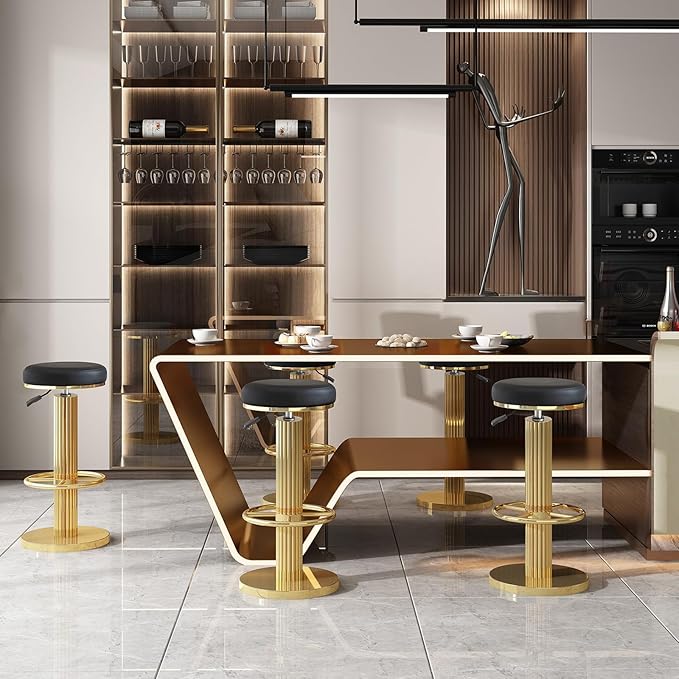 FUNROLUX Gold Bar Stools Adjustable Swivel Counter Stools Modern Backless Counter Height Bar Stools for Kitchen Island with Metal Legs and Upholstered Microfiber Leather (Black)