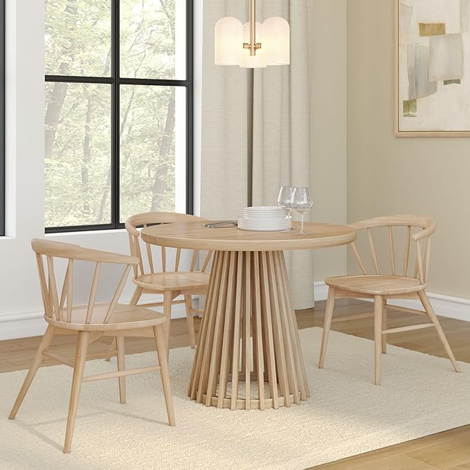 Plank+Beam Lido Round Dining Table, 38", Wooden, Pedestal, Minimalist Kitchen Table for 4 for Dining Room, Blonde