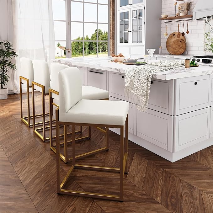 ALPHA HOME 24 Inch Bar Stools Set of 2 Kitchen Counter Stools with Back Pu Leather Counter Chair Counter Height Bar Stools with Upholstered Footrest Sturdy Chromed Metal Steel Frame, White