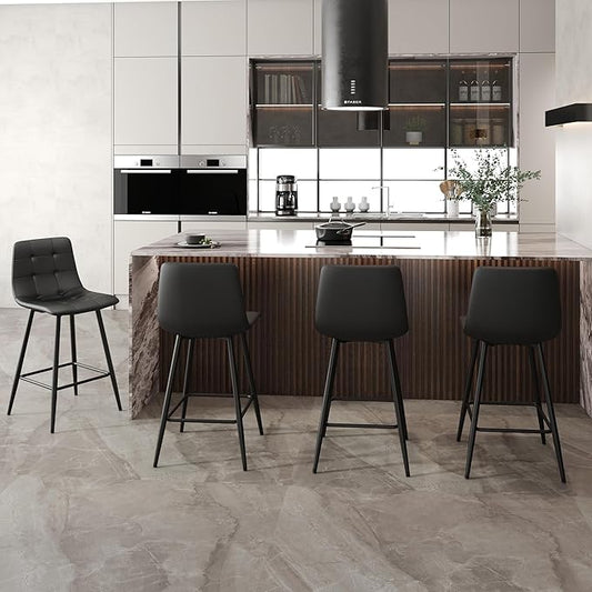 Black Bar Stools Set of 4,Faux Leather Counter Height Bar Stools,Modern 24.6" Bar Chairs with Back Metal Footrest,Counter Stool with Back and Footrest for Kitchen Island Restaurants Pubs