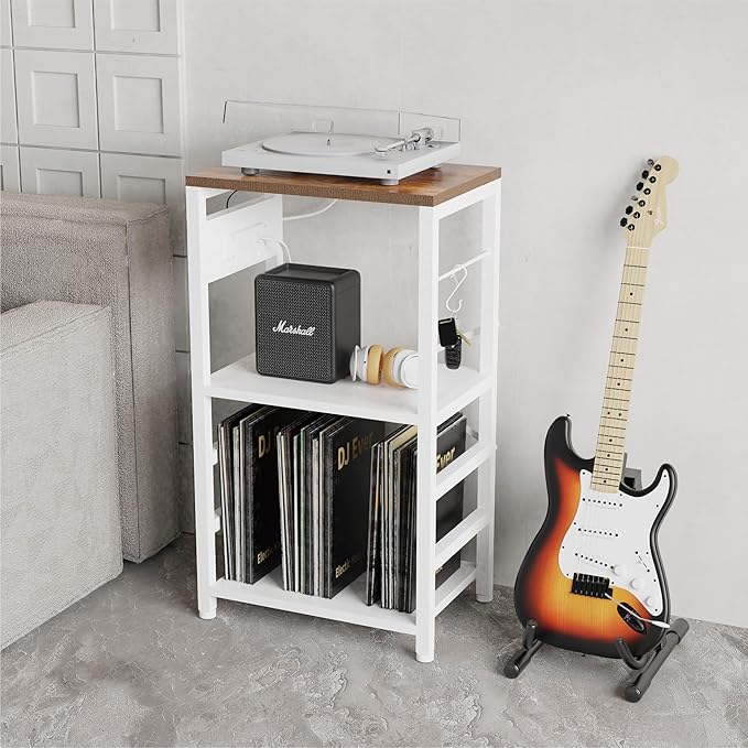 End Table with LED Light,Record Player Stand with Charging Station,Vinyl Records Storage,Turntable Stand Albums Storage for Music Room Studio-Industry White