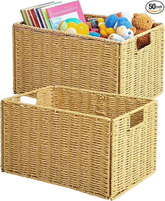 Collapsible Storage Basket 2 pcs, storage boxes for shelves, With Insertion Handle,15 * 8.6 * 10 In Hand-Woven Seagrass Storage Basket, Suitable for Bedroom Storage and Other Scenarios