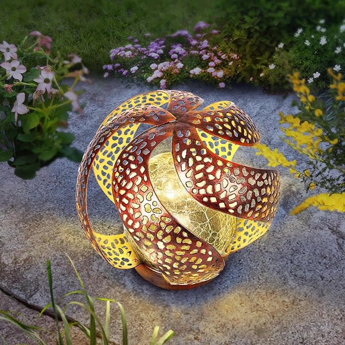 Solar Lights Outdoor - Ramadan Decor for Outside Garden, Hollow Light With Glass Globe, Lantern Gardening Gifts for Women, Mom, Pathway, Balcony, Tabletop Decoration