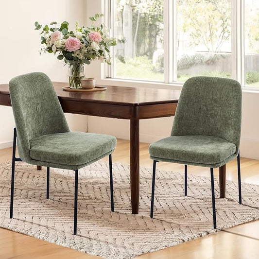 COLAMY Modern Dining Chairs Set of 2, Fabric Upholstered Dining Room Chairs Dinner Chair Stylish Kitchen Chairs with Curved Back and Metal Legs, Green