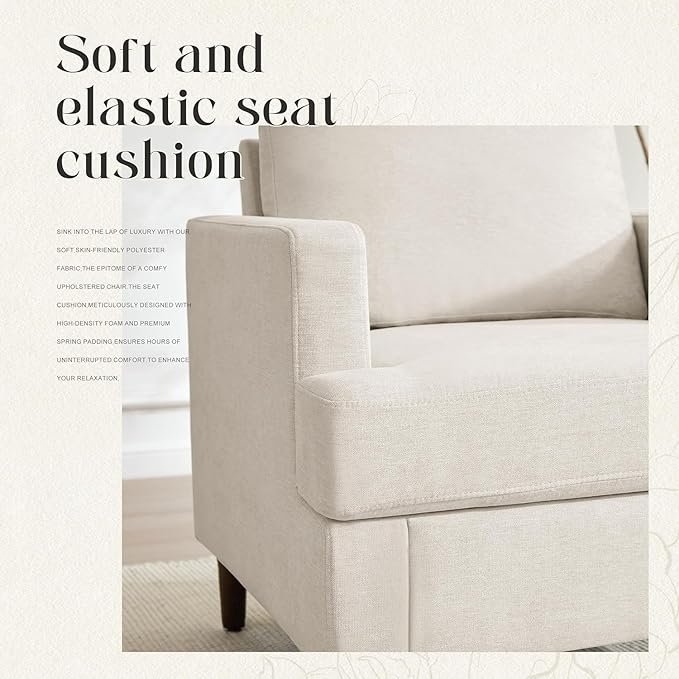 Mid-Century Accent Chair,Modern Linen Fabric Armchair for Living Room,Comfy Upholstered Reading Accent Chairs for Bedroom,Single Sofa Chair with Wood Legs (Beige, 2 Pack)