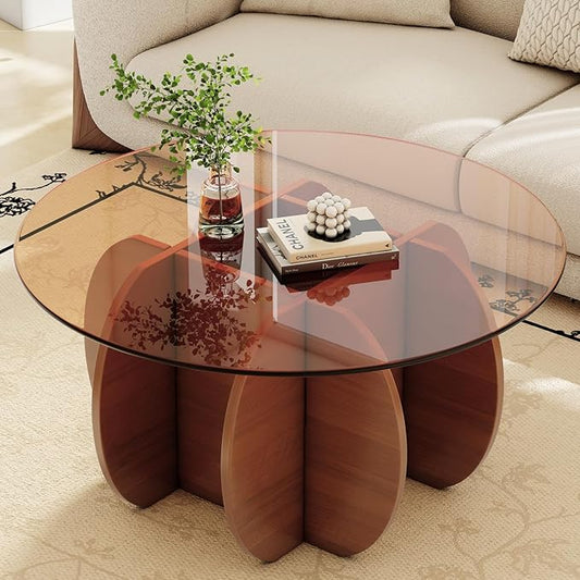 Coffee Table for Living Room Mid Century Modern Round Center Table with Glass Top and Wood, Walnut Brown