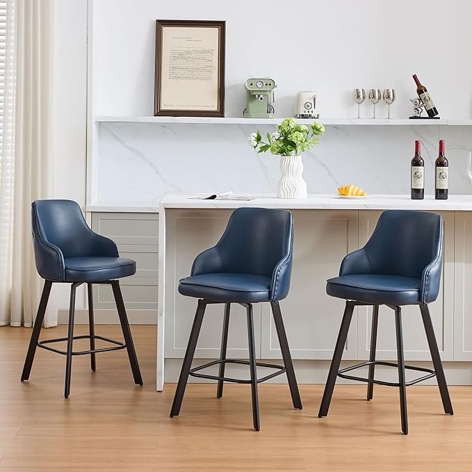 Bar Stools Set of 3, 26" Swivel Counter Height Bar stools with High Back, Faux Leather Kitchen Barstools Counter Height for Kitchen Island (Navy Blue, 3PCS 26" Counter Stools)