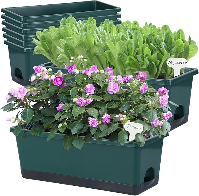 Window Box Planter 8 Pcs, 17 Inches Rectangle Flower Pots with Drainage Holes and Trays, Vegetable Planters for Windowsill Patio Garden Balcony Home Porch Yard Indoor Outdoor (Dark Green)