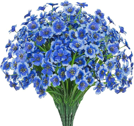 Outdoor Artificial Flowers 21 UV Resistant Bundles Fake Flower Plastic Plants Faux Silk Flowers Porch Hanging Garden Porch Window Box Decorating (Blue)