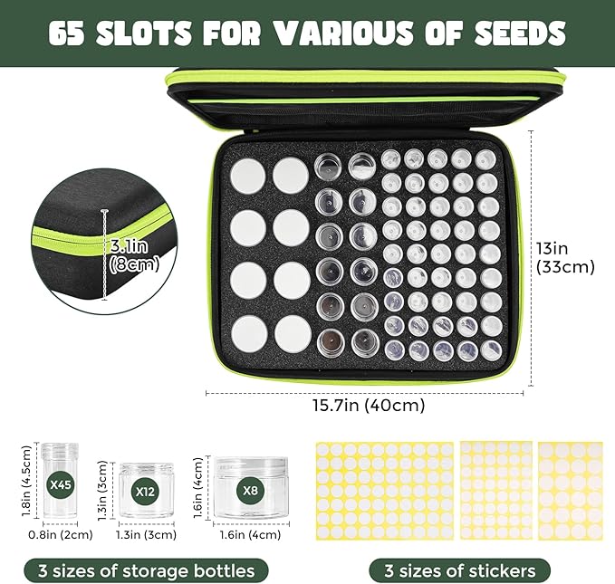 ProCase 65 Slots Seed Storage Organizer Sorter Box, Sturdy Seed Bank Saving Kit Container for Garden Vegetable Plant Flower, Seed Keeper Set with Label Stickers Funnel 3 Size of Bottles 1 oz 3 oz 5 oz