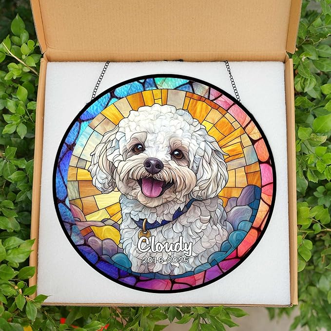 Custom Pet Portrait Stained Glass Suncatcher – Personalized Dog Memorial Ornament, Pet Loss Remembrance Gift, Window Hanging, Bereavement Keepsake, Home Decor