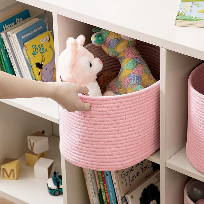 UBBCARE 3-Pack Woven Rope Shelf Baskets - 15x10x9in Decorative Storage Basket for Toys, Kids Playroom, Closet Organization & Cube Storage Organizer | Gift Basket Empty, Pink
