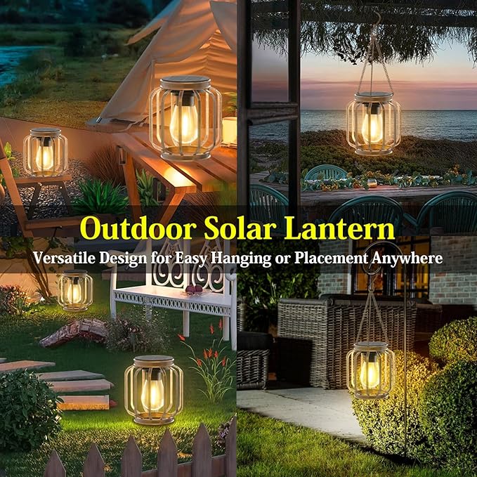Solar Lanterns, Upgraded Metal Outdoor Lights, Brighter Hanging Solar Lights for Outside Waterproof, Auto On/Off Warm White Lighting for Yard, Garden, Patio, Pathway Decor (Bronze, 2 Pack)